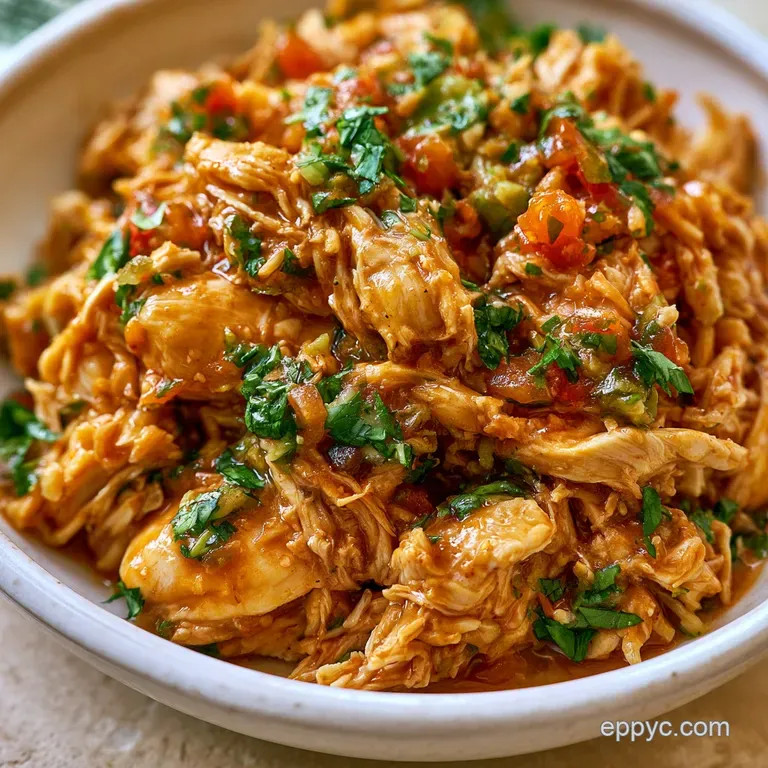 Juicy shredded chicken in red sauce topped with creamy avocado slices and bright cilantro in a soft corn tortilla.
