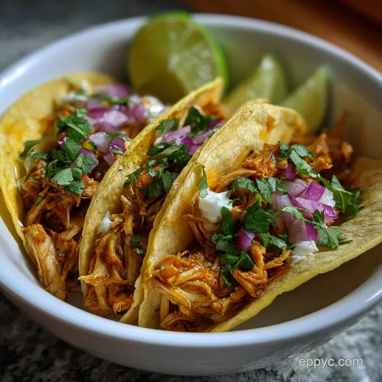 Tender, shredded chicken taco filling artfully arranged on a warm tortilla, garnished with a drizzle of crema and a sprink...