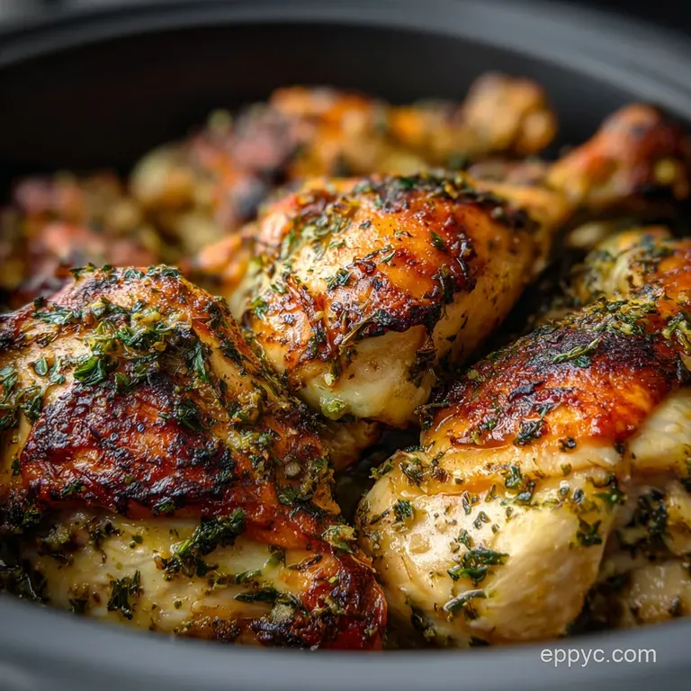 Juicy chicken thigh atop mashed potatoes, drizzled with fragrant sauce. Sprigs of herbs add a pop of fresh green.
