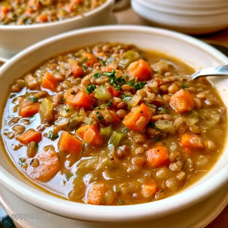 A rustic ceramic bowl of steaming soup topped with fresh parsley, served beside a slice of toasted sourdough bread.