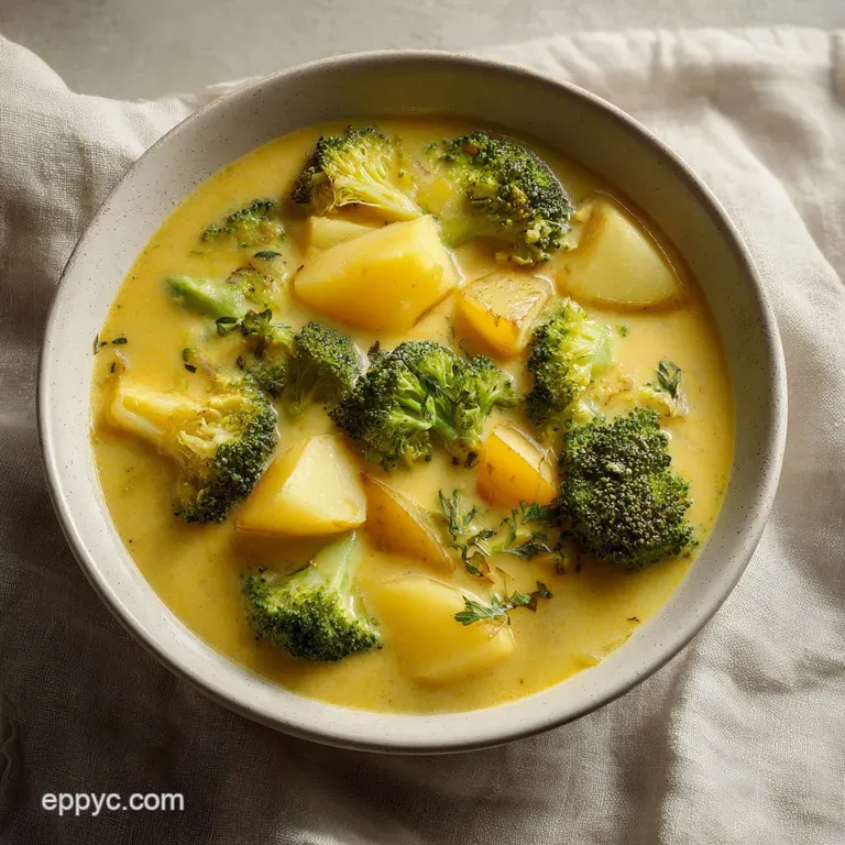 Rich golden soup in a white porcelain bowl, garnished with melted cheese and a crusty piece of toasted sourdough.