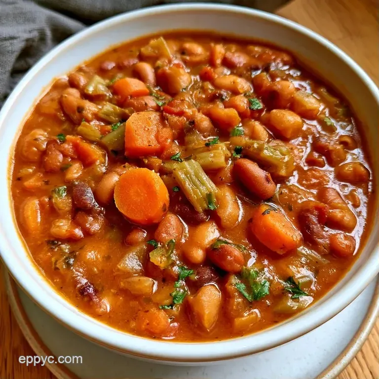 A ceramic bowl of thick bean stew topped with a swirl of cream and chopped parsley on a rustic linen napkin.