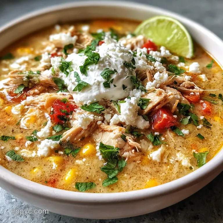 Close-up of white chicken chili in a rustic bowl, garnished with fresh cilantro, cheese and crispy tortilla strips. Warm, ...