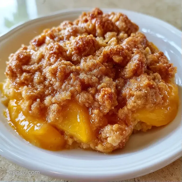 A slice of golden peach pie on a white plate, topped with melting vanilla ice cream and a sprig of fresh mint.