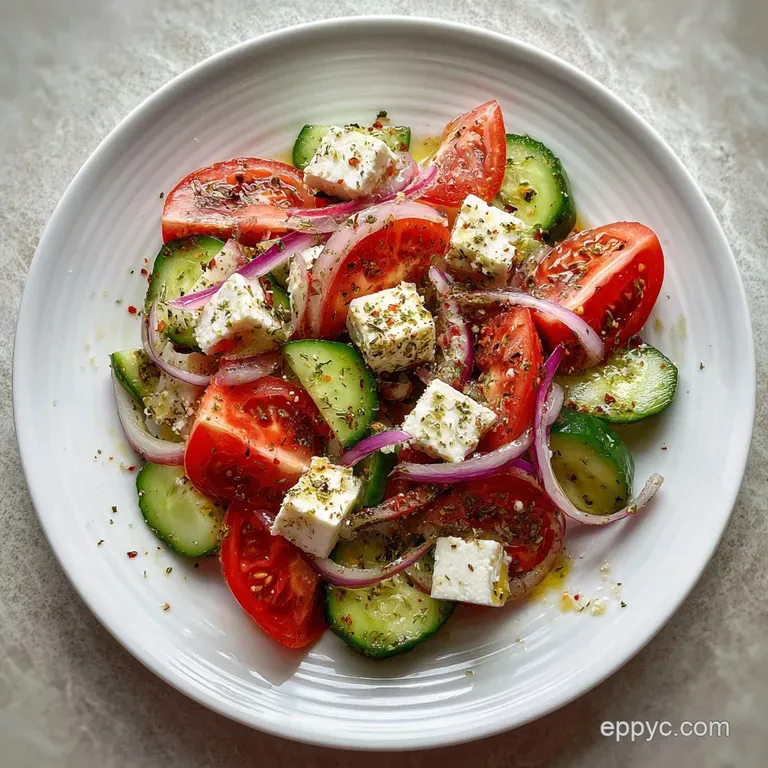 Artfully arranged Mediterranean salad. Glossy olives, ripe tomatoes, and creamy feta highlight the freshness. A visually b...