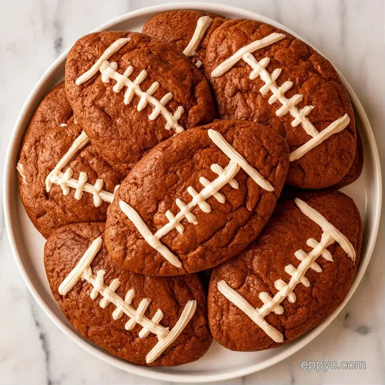 An assortment of brown oval cookies with white laces arranged on a white ceramic plate beside party napkins.