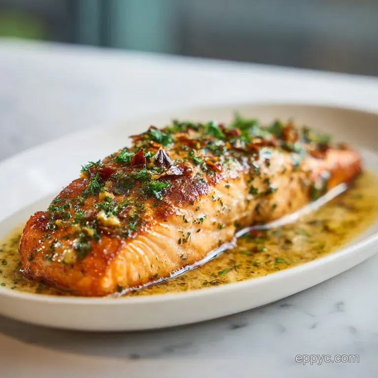 Elegant salmon fillet with golden-brown Dijon crust and lemon slice, resting on tender asparagus spears on a white plate. ...