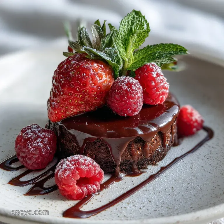 A glossy chocolate dessert square dusted with cocoa powder on a white plate. Ready to be eaten. Soft interior.