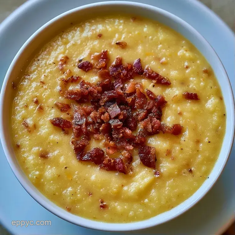 Thick, creamy white soup in a white porcelain bowl, topped with crispy bacon and a sprig of fresh parsley.