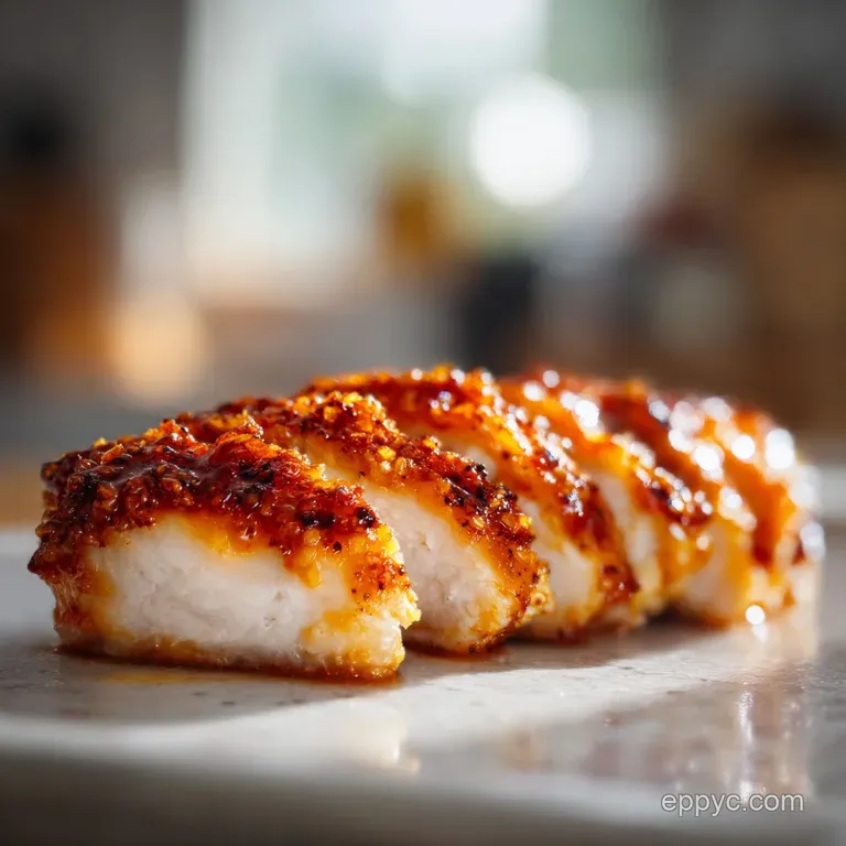 Perfectly baked chicken breast with a rich, glossy sauce, garnished with fresh herbs. A refined and inviting plate, ready ...