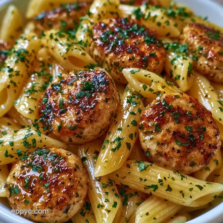 A shallow white bowl filled with pasta and seared sausage, garnished with grated parmesan and a sprig of parsley.