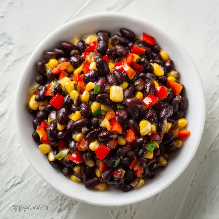 A white ceramic bowl of colorful bean salad paired with golden, crispy tortilla chips on a rustic wooden board.