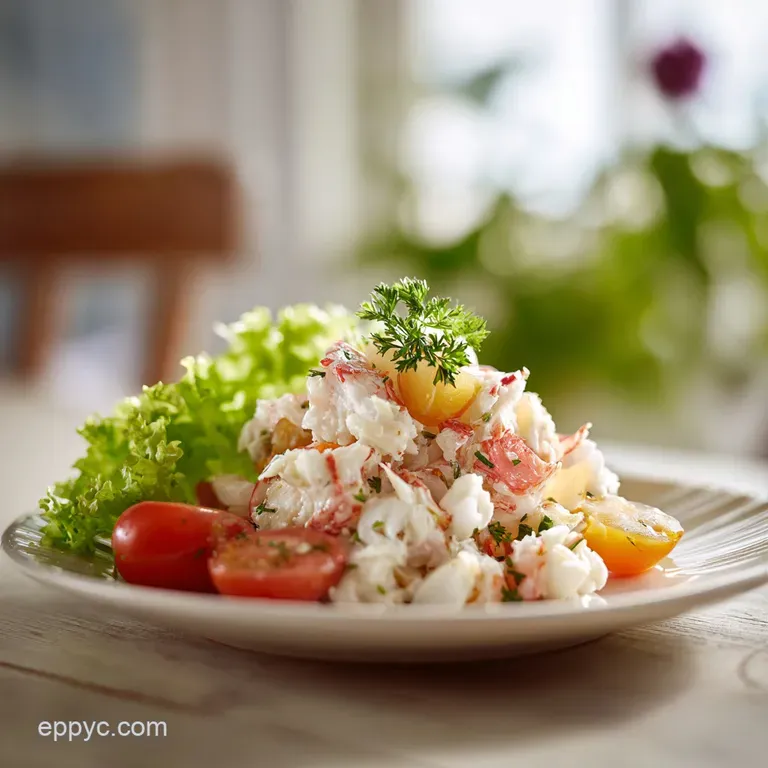 A single serving of the seafood salad artfully arranged on a white plate, with a sprig of fresh parsley.