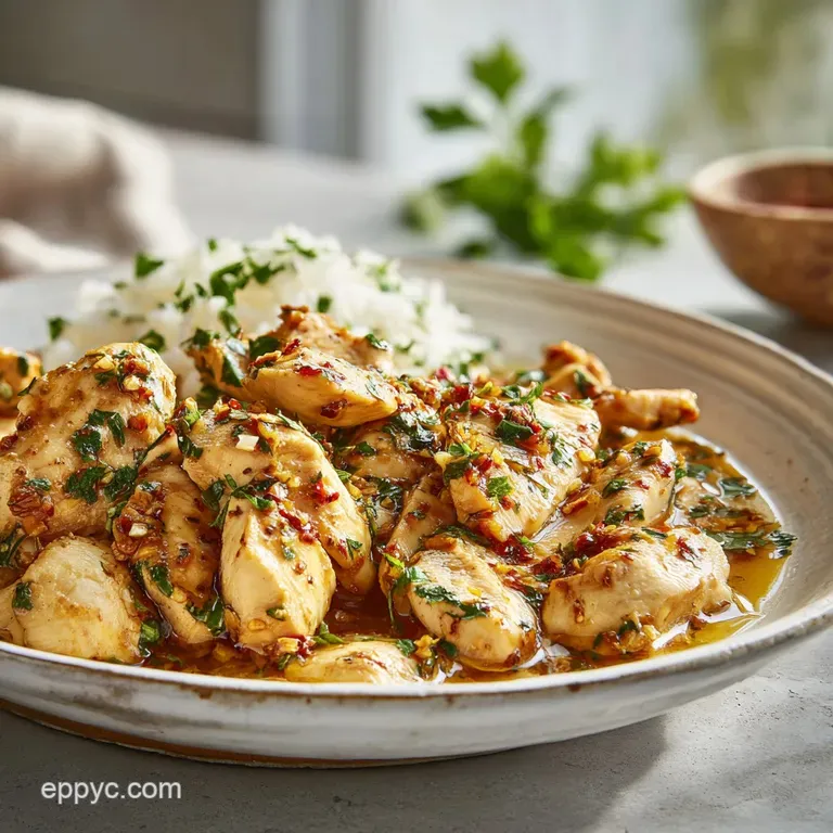 Close up of a plated garlic chicken dish featuring seared chicken, crisp broccoli, and bright red sun-dried tomatoes on a ...