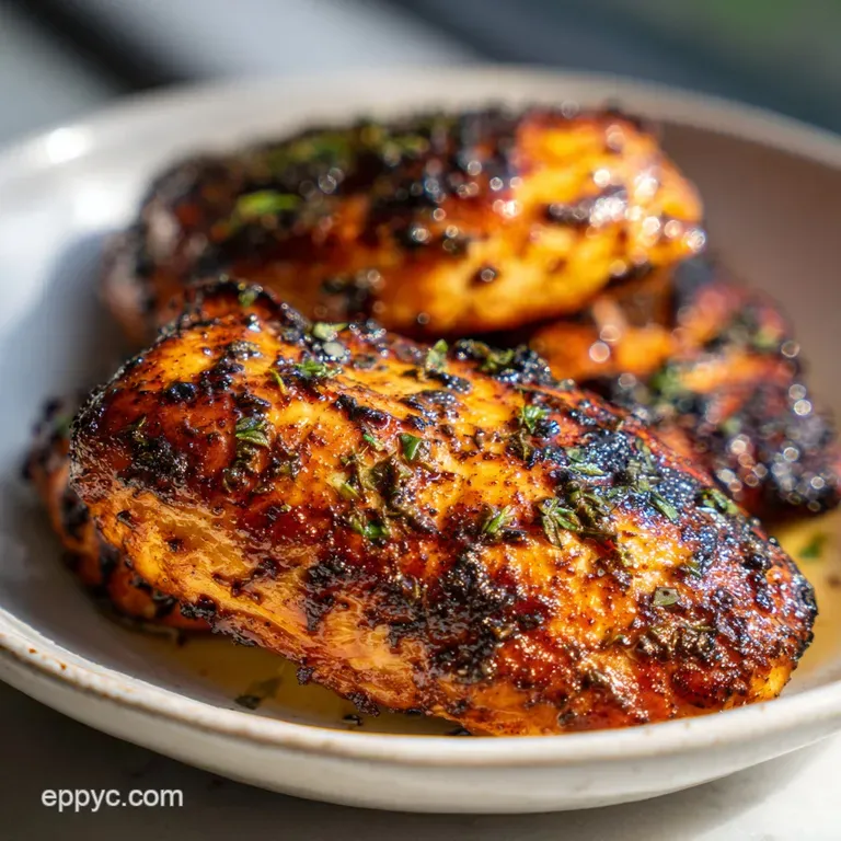 Perfectly browned chicken arranged on a white plate, herbs sprinkled, garlic cloves are nestled beside, drizzled with rich...