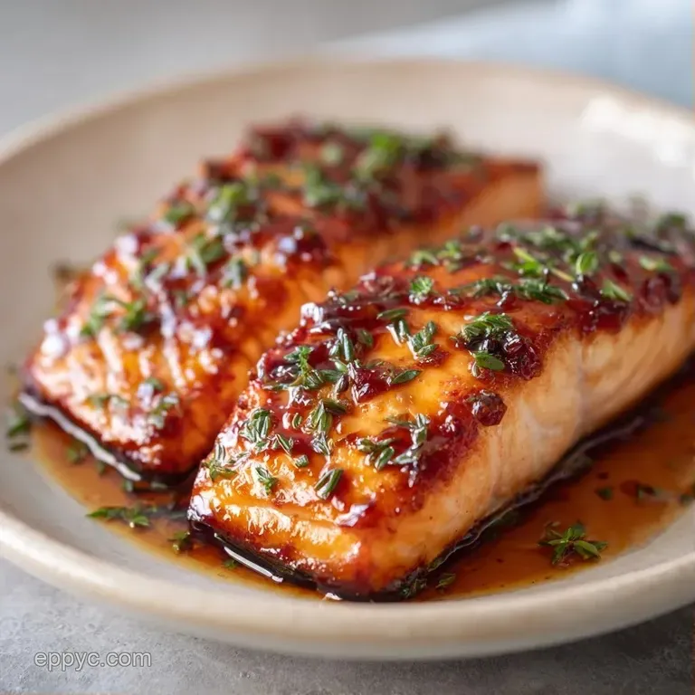 Four pink salmon fillets with a glistening amber glaze, neatly plated with bright green asparagus and lemon slices.