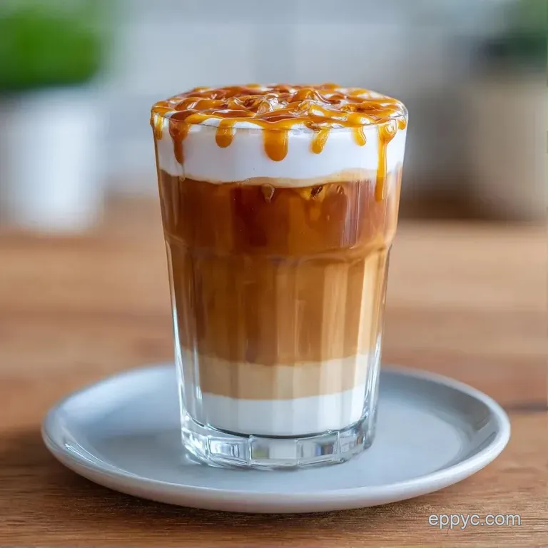A row of tall glass mugs filled with layered coffee and milk, placed on a rustic wooden tray with roasted coffee beans.