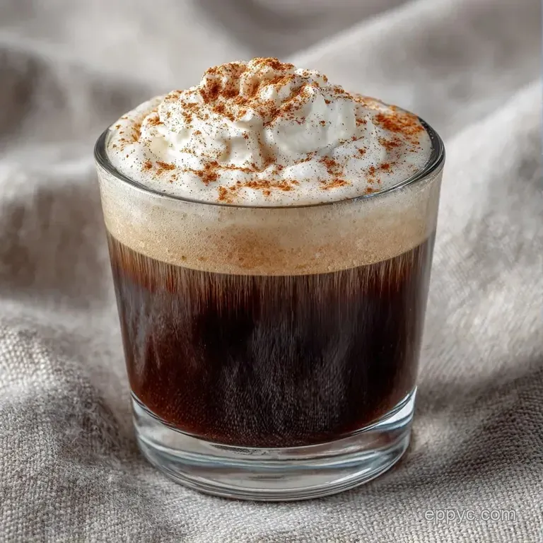 A tall glass of dark coffee topped with a swirl of white cream on a wooden saucer with a silver spoon.