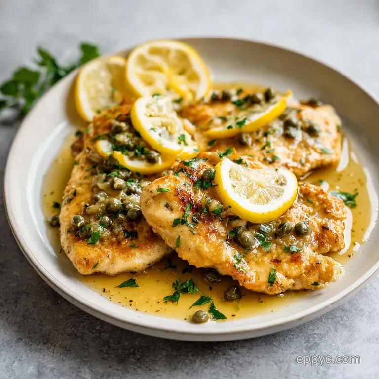 Elegant plate of chicken piccata: browned chicken cutlets, bright yellow sauce, capers, and fresh parsley, served alongsid...