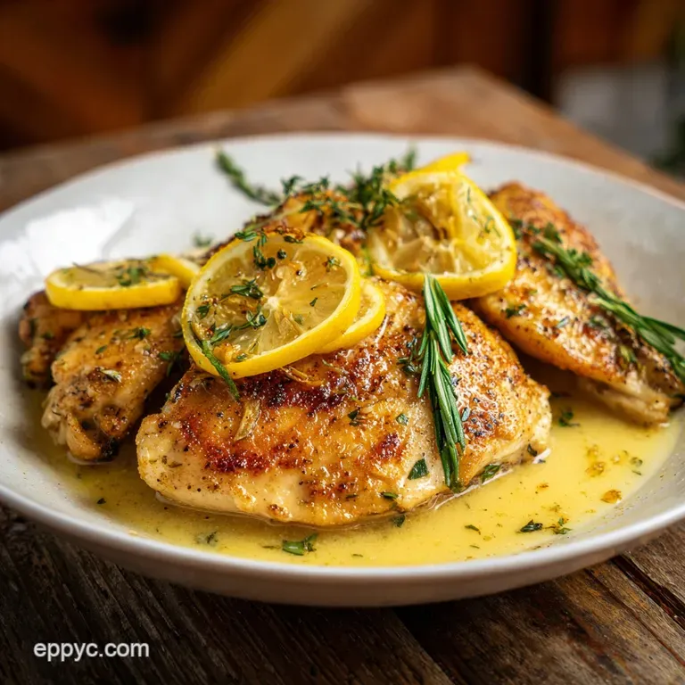 Elegant plate featuring juicy lemon garlic chicken breast atop vibrant, tender vegetables, drizzled with pan sauce and fre...