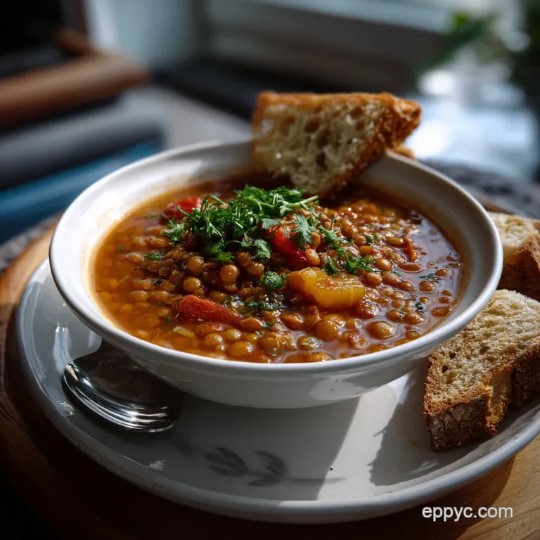 Elegant plating of creamy lentil soup, garnished with a sprig of parsley. The deep orange soup is complemented by a swirl ...