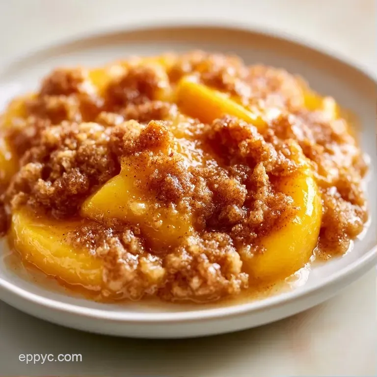 A ceramic ramekin filled with golden baked fruit and a crumbly oat crust, topped with a melting scoop of vanilla ice cream.