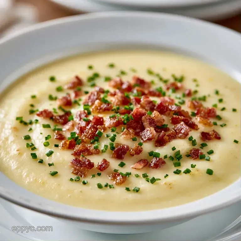 A steaming white bowl of thick cream soup topped with golden bacon crumbles and a swirl of fresh heavy cream.