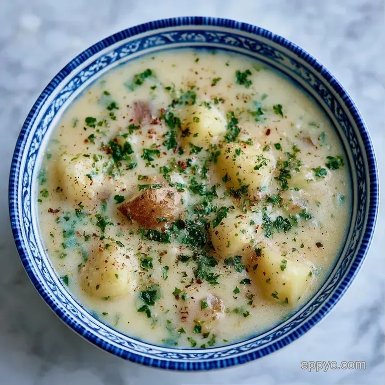 A deep bowl of smooth ivory soup topped with a swirl of cream, cracked pepper, and bright green chives.