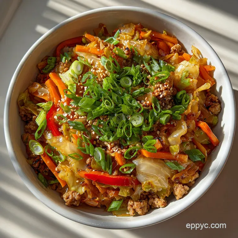 Steaming egg roll bowl: seasoned ground meat, shredded carrots, and cabbage artfully arranged in a white bowl.