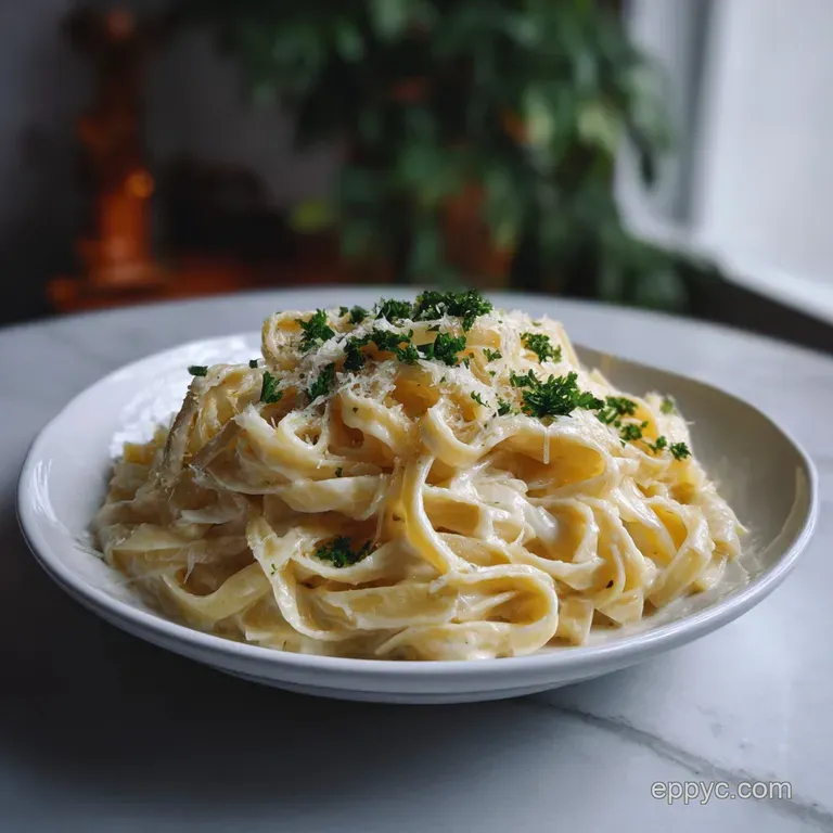 Elegant plate of fettuccine Alfredo, glistening sauce clinging to the pasta, garnished with a swirl of black pepper and ch...