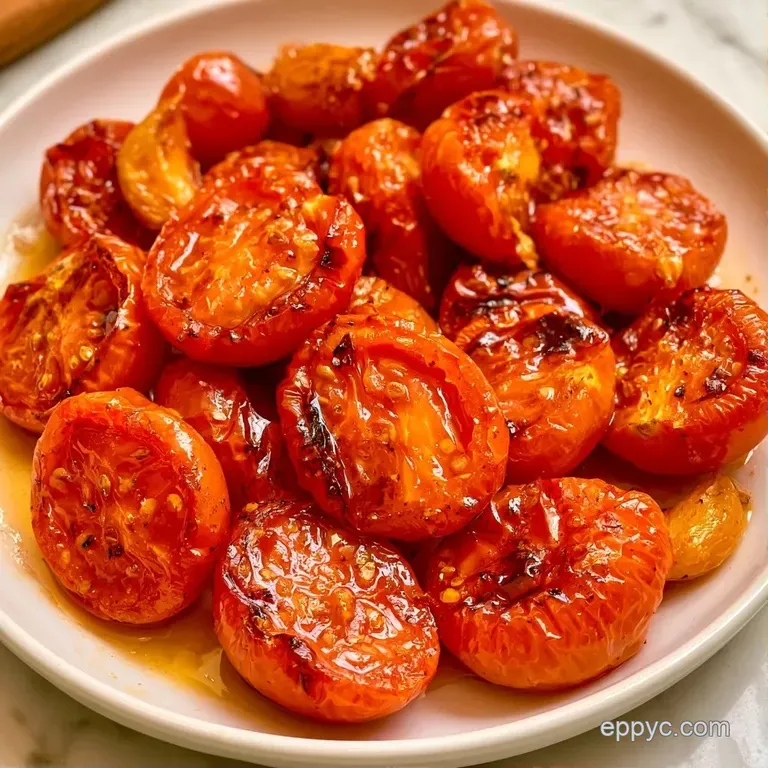 Charred red tomato halves and toasted garlic cloves arranged on a white ceramic platter with fresh basil sprigs.
