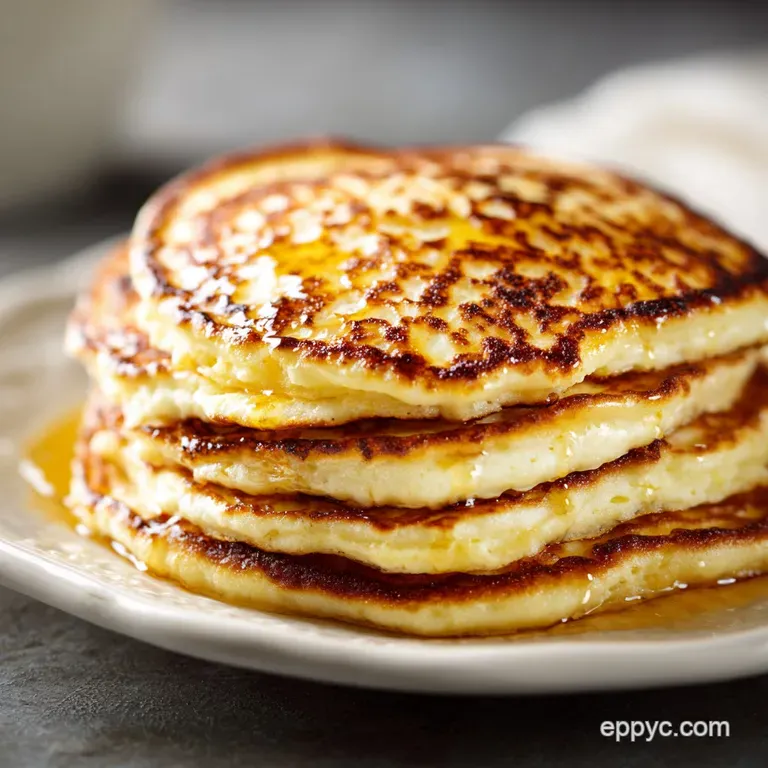 Stack of fluffy pancakes drizzled with golden syrup, artfully plated with fresh blueberries and raspberries.