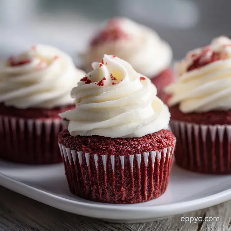 Elegant red velvet cupcake with cream cheese frosting, piped high, sits on a delicate white dessert plate.