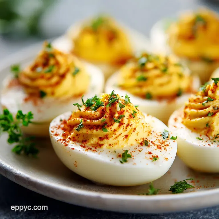 Elegant deviled eggs arranged on a blue ceramic serving dish, garnished with fresh dill sprigs.