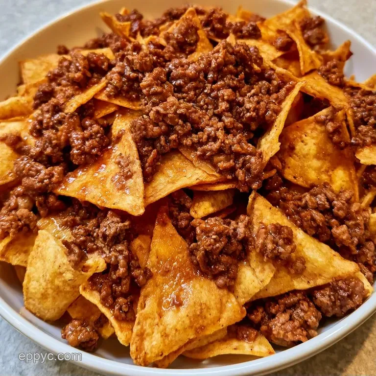 Layered golden corn chips topped with melted cheese and savory beef, served on a rustic board with fresh salsas.
