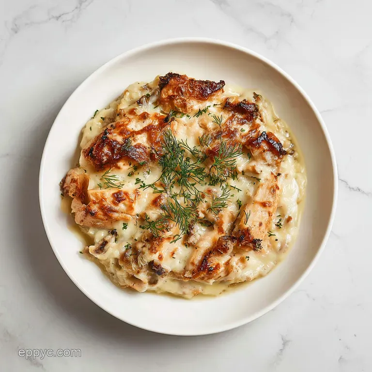 Tender chicken and sweet, glassy onions draped in molten cheese, served elegantly in a rustic cast-iron dish.