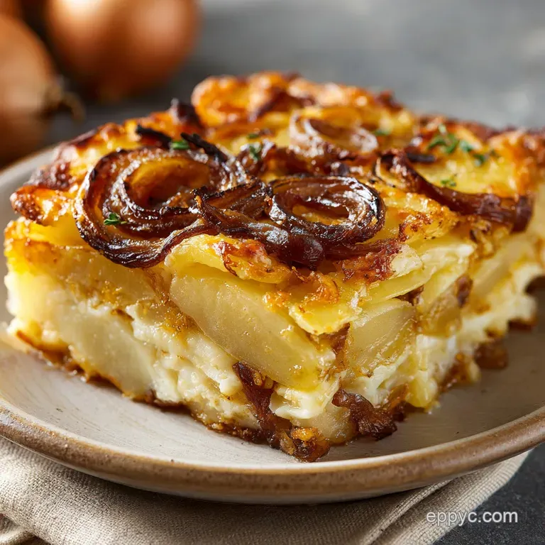 A neat square slice of cheesy potato bake on a white plate, garnished with a fresh, vibrant sprig of green thyme.