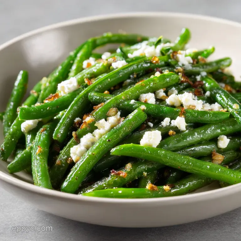 A mound of crisp green beans crowned with creamy feta and a drizzle of olive oil on a white plate.