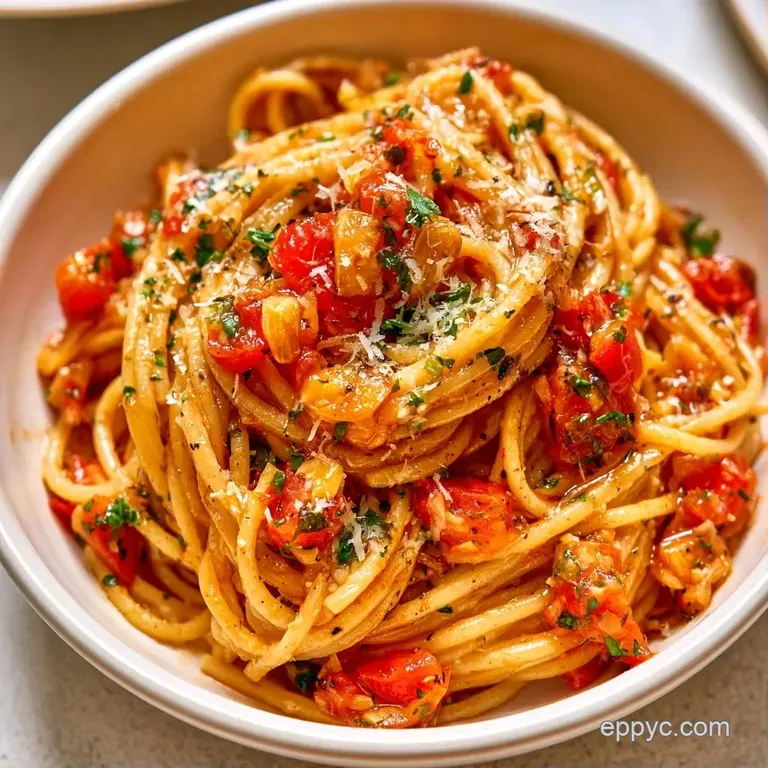 Swirls of pasta coated in a rich tomato glaze, served in a white ceramic bowl with a sprig of fresh basil.