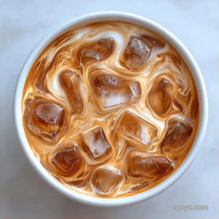 Chilled coffee in a ribbed glass with thick cream swirls, set against a soft morning light with a silver spoon.