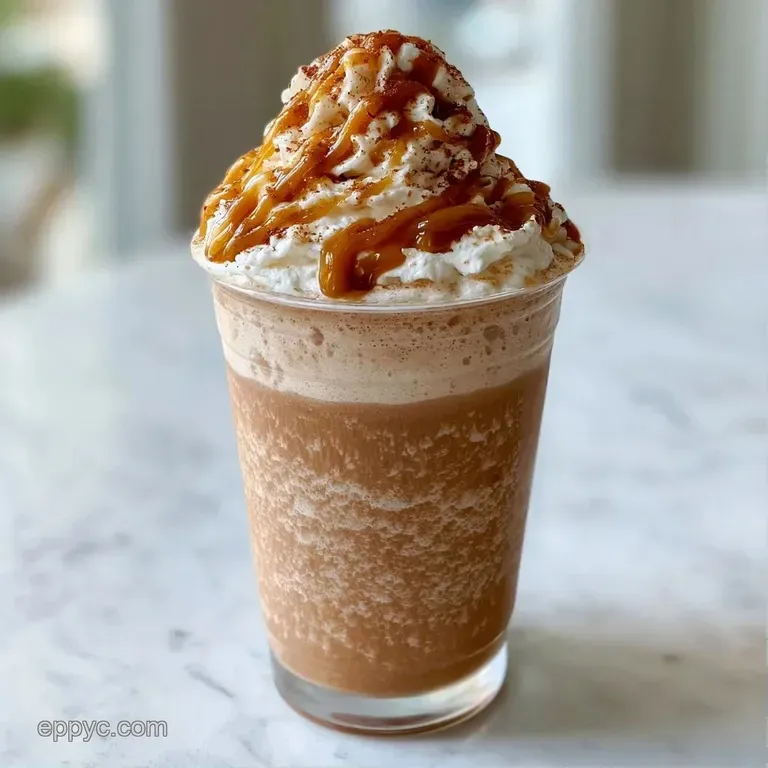 Tall frosted glass filled with a tan blended drink, topped with whipped cream and caramel ribbons on a marble tray.