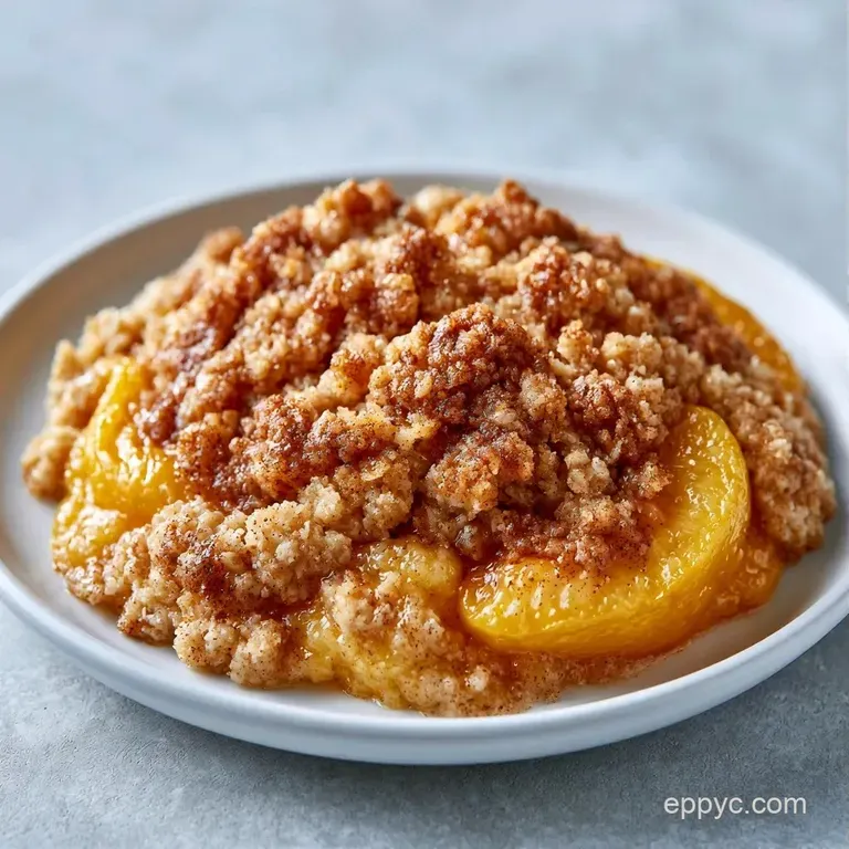 A warm scoop of bubbly orange peach filling topped with toasted oats and a dollop of melting vanilla ice cream.