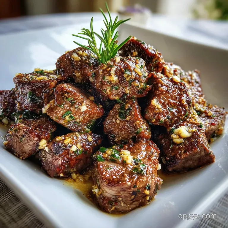 Juicy steak slice atop fluffy mashed potatoes, asparagus spears, drizzled with rich garlic butter on a white plate. Delici...