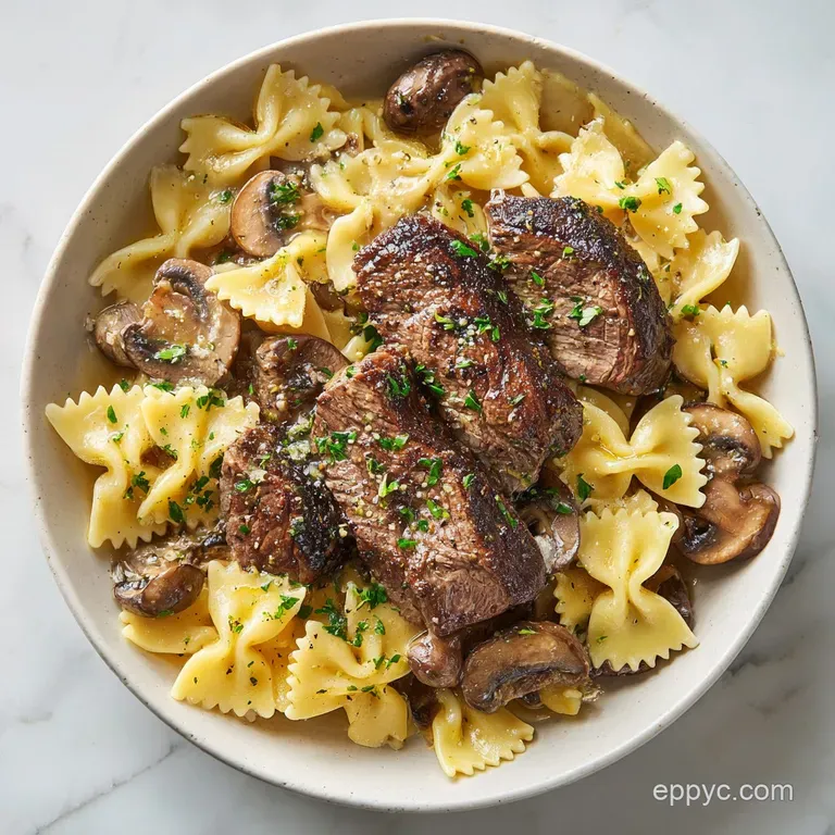 A swirl of creamy bowtie pasta topped with tender steak slices and a sprinkle of fresh parsley.