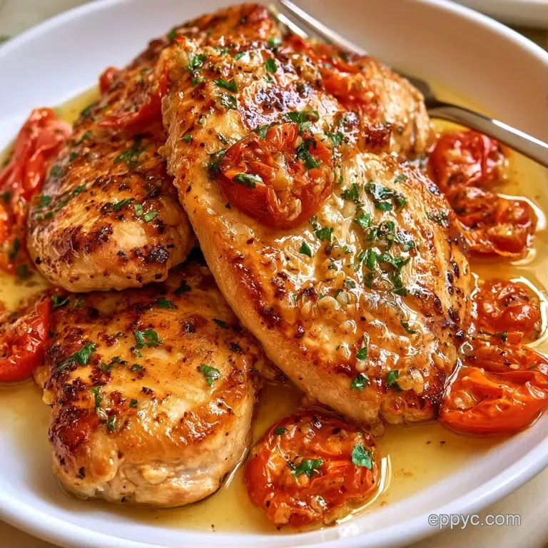 Seared chicken breasts glazed in buttery red sauce, plated with fresh parsley on a matte white ceramic dish.
