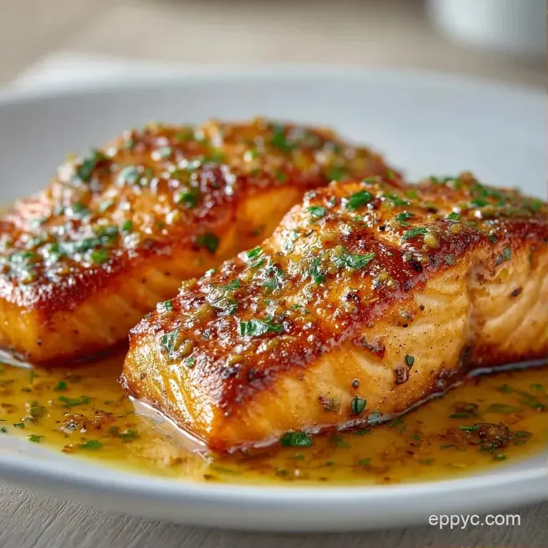 Flaky pink salmon atop a white plate, accented by a lemon wedge and a drizzle of glossy, garlic-infused oil.
