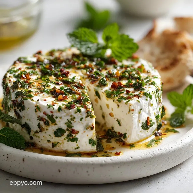 Whipped goat cheese swirled onto a plate, drizzled with golden oil, sprinkled with herbs. Crusty bread slices complete the...