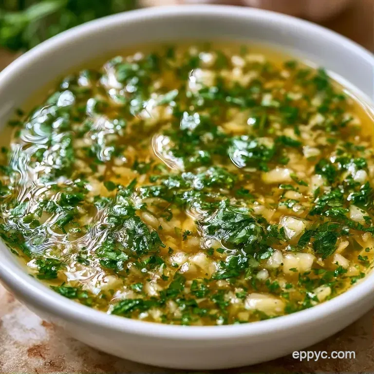A small ceramic bowl of seasoned grains with a glossy sheen, garnished with a sprig of fresh flat-leaf parsley.