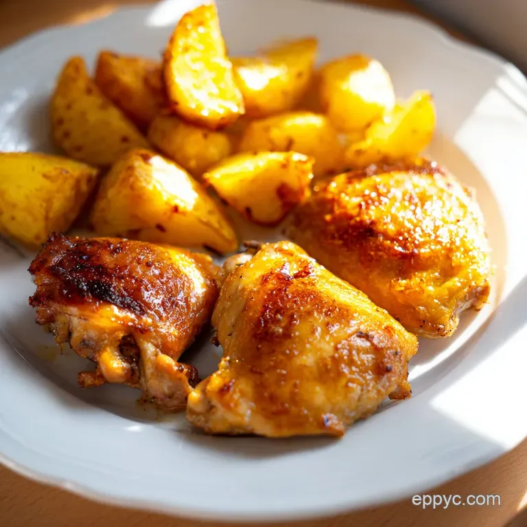 Searing golden chicken breasts and crispy roasted potatoes on a white plate with a sprig of fresh green parsley.