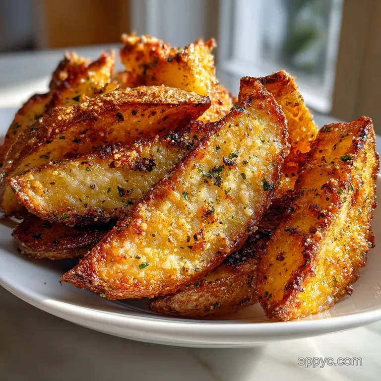 Pile of crisp potato wedges dusted with parmesan and herbs next to creamy dipping sauce, elegant plating on a white plate,...